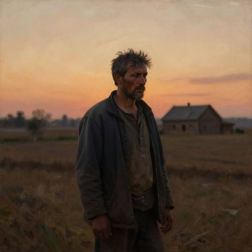 Photograph of a rugged, bearded man with disheveled hair, wearing a dark jacket over a dirty shirt, standing in a grassy field