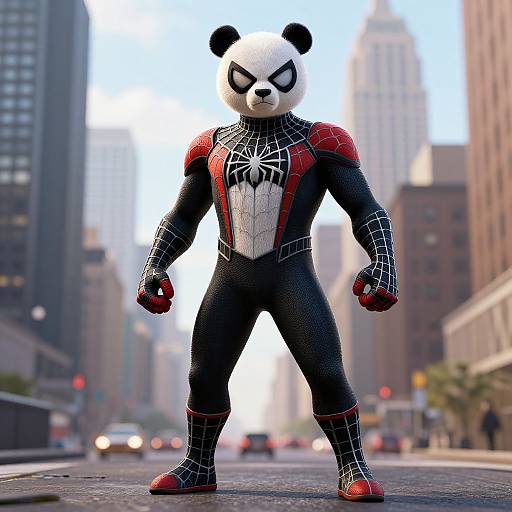 CGI image of a panda in a Spider-Man costume standing confidently on a city street with tall buildings in the background.
