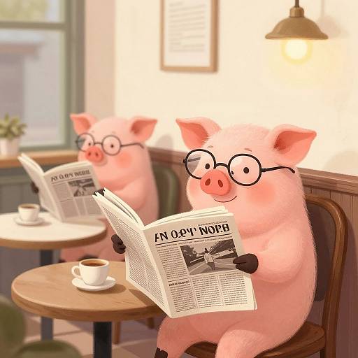 Whimsical Pigs Reading in Cozy Cafe
