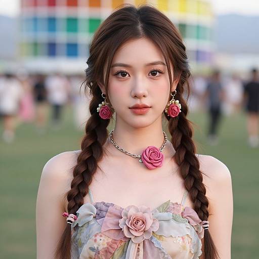 Photograph of an Asian woman with long braided hair, pink rose earrings, floral dress, and rose necklace, standing in a colorful, blurred outdoor