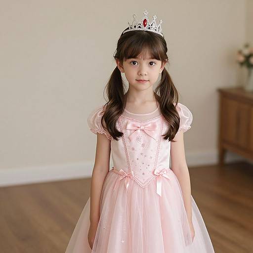 Photograph of a young Asian girl with dark pigtails, wearing a pink satin princess dress and silver tiara, standing in a bright room with