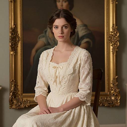 Photograph of a fair-skinned woman with dark hair in an elegant, lace-trimmed, cream-colored Victorian dress, seated in front of a