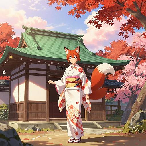 Anime-style illustration of a red-furred fox girl in a white floral kimono, standing in front of a traditional Japanese temple with red autumn leaves and