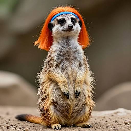 Photograph of a meerkat wearing an orange wig with a blue headband, standing on dirt with a blurred rocky background.