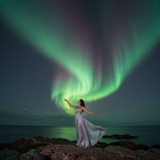 Photograph of a woman in a flowing, white dress standing on rocky shore, arms raised, against a backdrop of vibrant green and purple Northern Lights over
