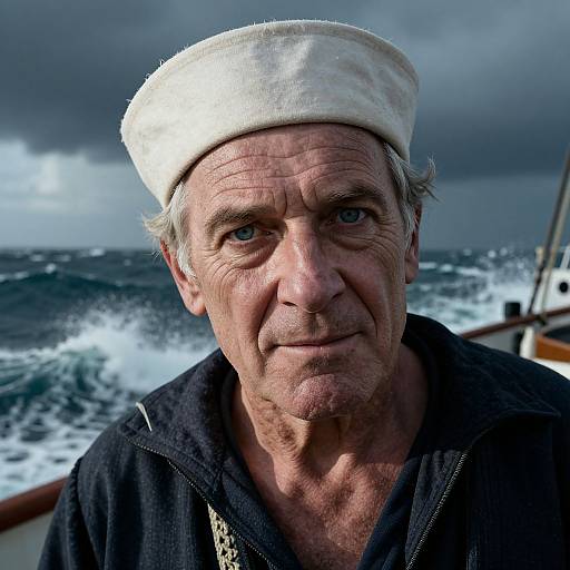 Photograph of an elderly man with weathered skin, blue eyes, white sailor hat, dark navy shirt, on a stormy ocean boat.