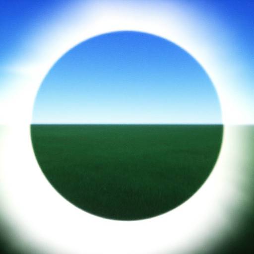 Photograph of a bright blue and white solar eclipse with a dark green horizon line partially visible, set against a gradient sky.