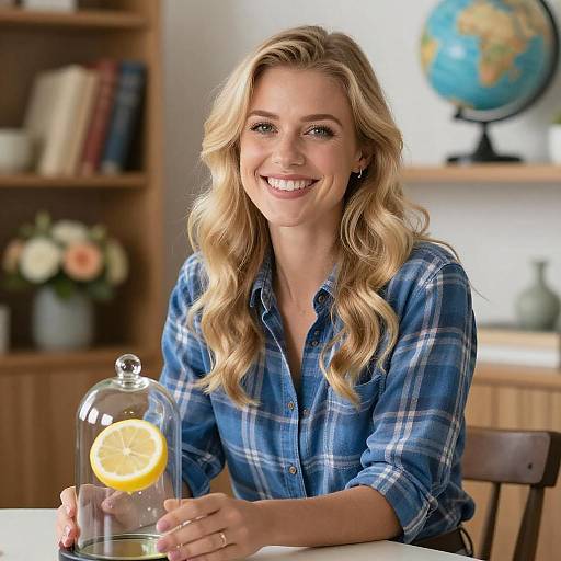 Smiling Blonde Woman in Cozy Setting