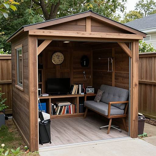 Photograph of a wooden garden shed with a gray cushioned sofa, bookshelf, TV, and clock, surrounded by greenery and wooden fence.