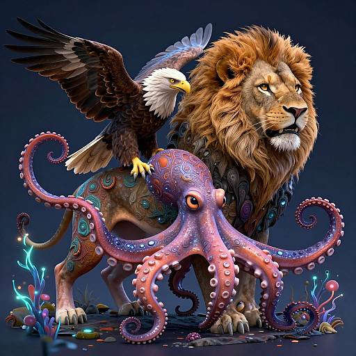 Surreal Lion-Eagle-Octopus Hybrid Creature