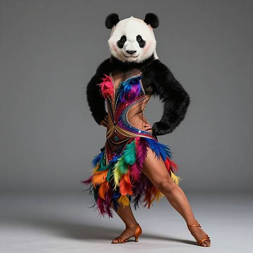 Photograph of a panda wearing a colorful, feathered, sequined dress with black fur sleeves, standing confidently in high heels against a gray background.