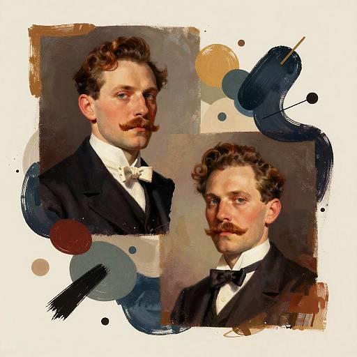 Digital art of a Victorian-era man with curly hair and mustache, wearing a black suit and bow tie, in two overlapping portraits with abstract blue,