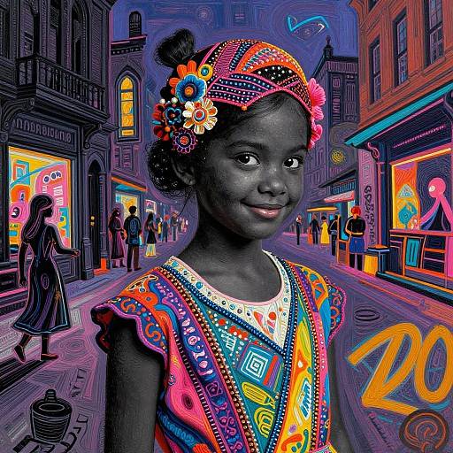 Vibrant digital artwork of a smiling young black girl in colorful, patterned dress and headband, standing on a neon-lit urban street.