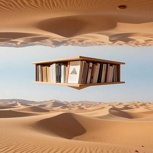 Photograph of a floating wooden bookshelf filled with records, suspended above a desert with rippled sand dunes under a clear blue sky.
