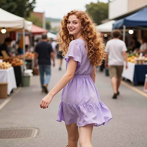 Photograph of a smiling young woman with long curly red hair, wearing a lavender dress, walking in a bustling outdoor market.