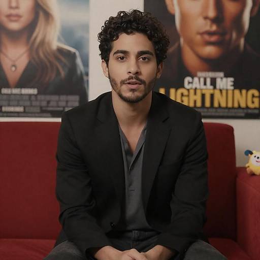 Young Man on Red Couch with Posters