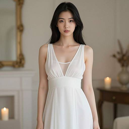 Photograph of an Asian woman with long black hair, wearing a white, sleeveless, V-neck dress, standing in a softly lit room with candles