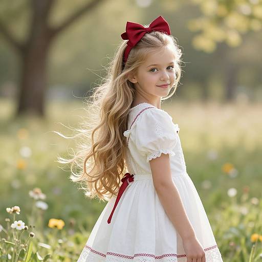 Young girl in white dress with red bow in meadow