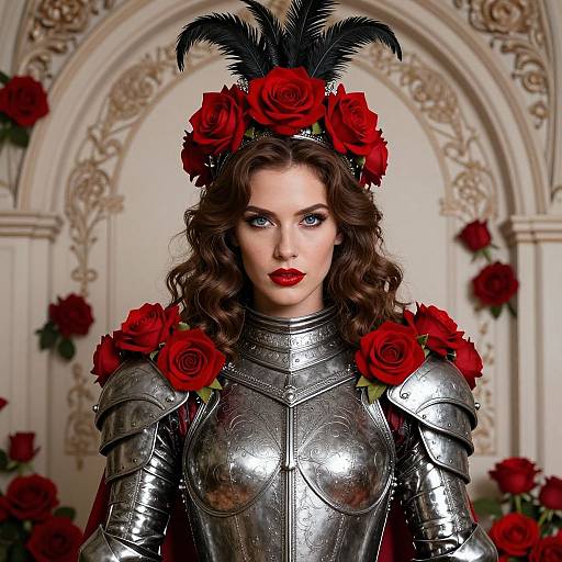 Regal Warrior Woman in Rose Adorned Armor