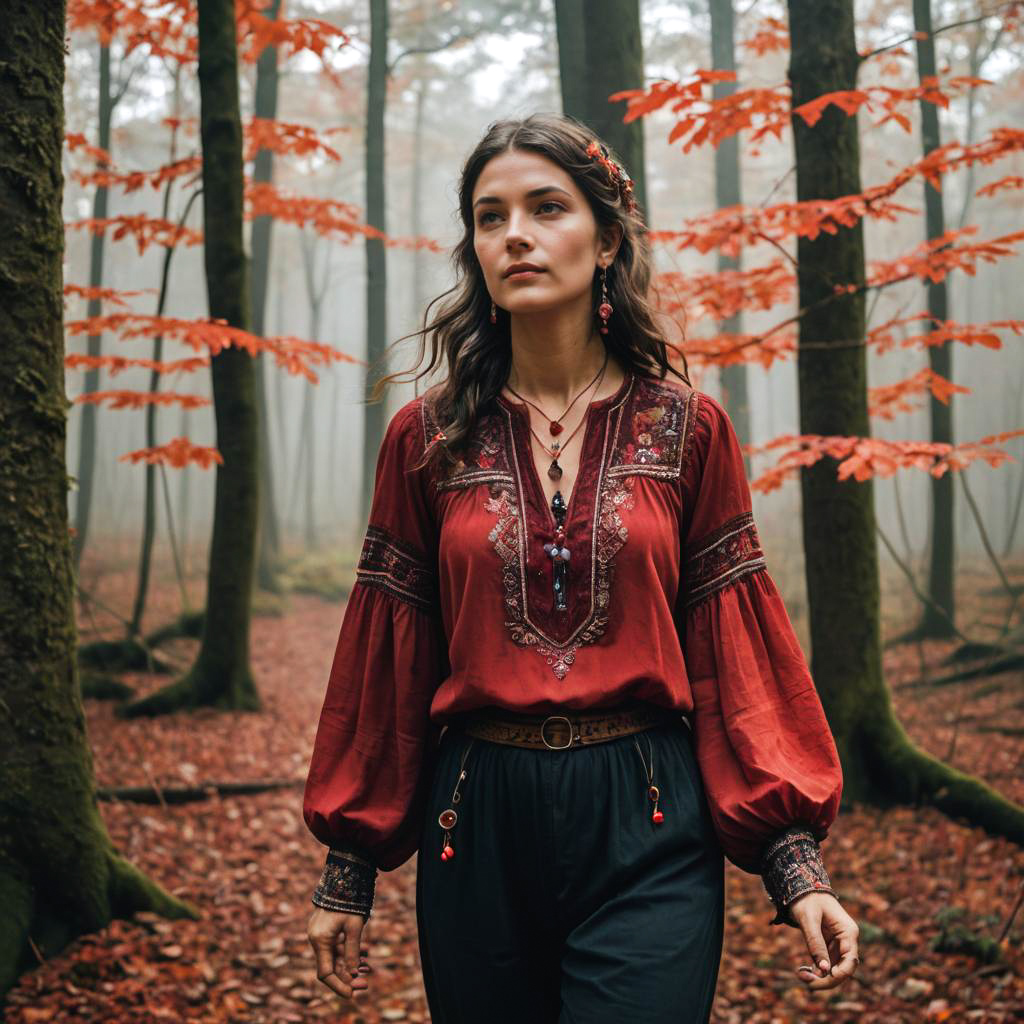 Musician in Misty Autumn Forest