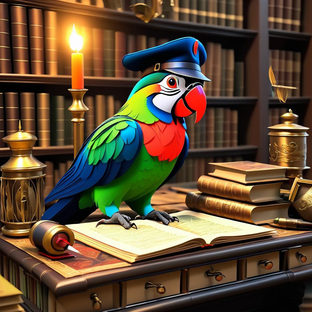 Whimsical Parrot Writer in Cozy Study