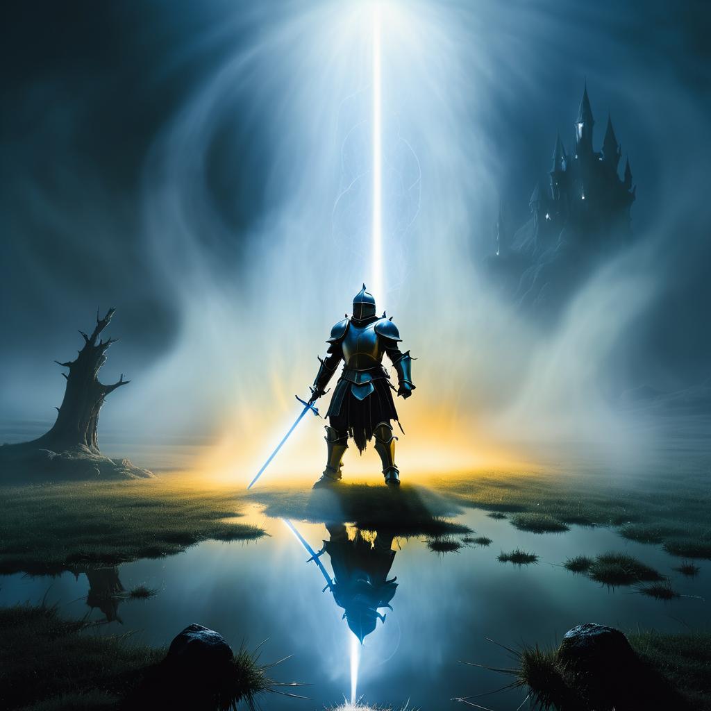 Knight Emerging from Mist in Surreal Landscape