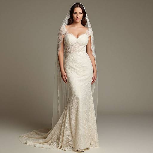 Photograph of a plus-size bride in an elegant, white lace wedding dress with a deep V-neck and long veil, standing against a plain gray background