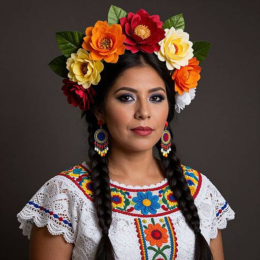 Photograph of a young Latina woman with dark hair in braids, wearing a colorful flower crown, embroidered white dress, and vibrant earrings, against a