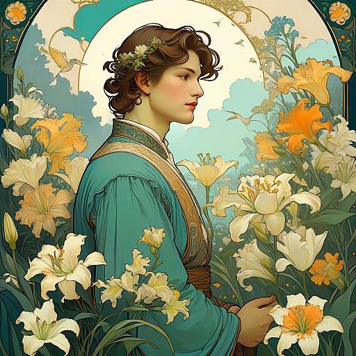 Art Nouveau Man in Lily Garden