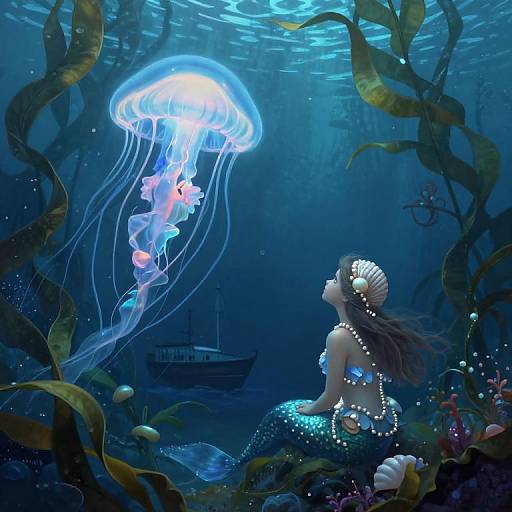Digital painting of a mermaid with long brown hair, pearl necklace, and seashell headdress, gazing at a glowing blue jellyfish in