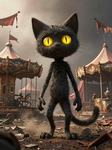 CGI image of a tall, black, furry cat with glowing yellow eyes standing on a dusty, debris-filled carnival ground with colorful, damaged carnival rides
