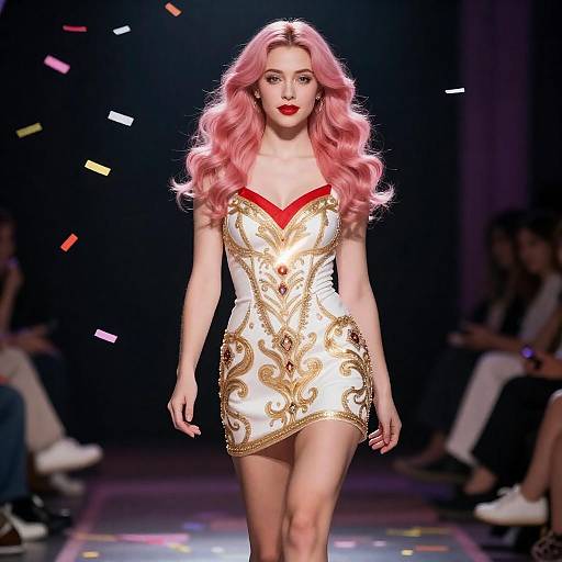 Pink-Haired Woman in Gold Embellished Dress