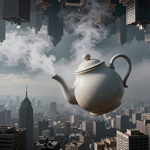 Photorealistic digital artwork of a giant silver teapot with steam rising, floating above a sprawling cityscape of skyscrapers.