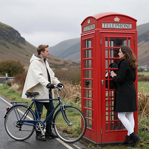 Two People Beside Classic British Red Telephone Box