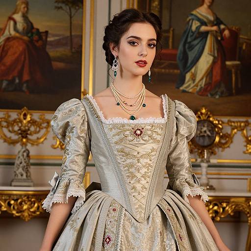 Photorealistic digital painting of a fair-skinned woman in an ornate, 18th-century silver gown with intricate embroidery, wearing multiple pearl neck