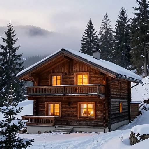 Photograph of a cozy wooden chalet with warm yellow lights, snow-covered roof, and forest backdrop, nestled in a snowy mountain landscape at dusk.