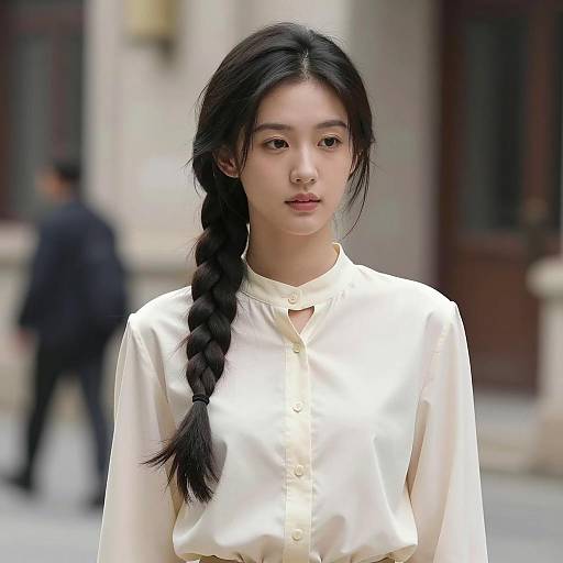 Portrait of young Asian woman in cream satin blouse
