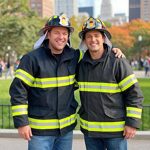 Photograph of two smiling male firefighters in black uniforms with yellow stripes, wearing helmets, standing outdoors with a cityscape background.