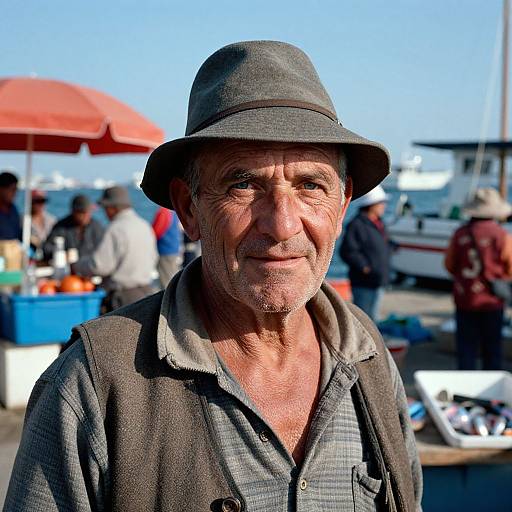 Photograph of a middle-aged, weathered man with a gray hat, dark shirt, and plaid collar, smiling at a bustling outdoor market with