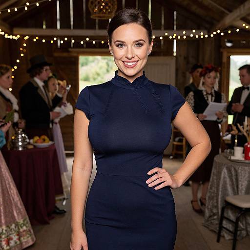 Photograph of a smiling woman with dark hair in a black, short-sleeved, high-neck dress, standing in a rustic, string-lit