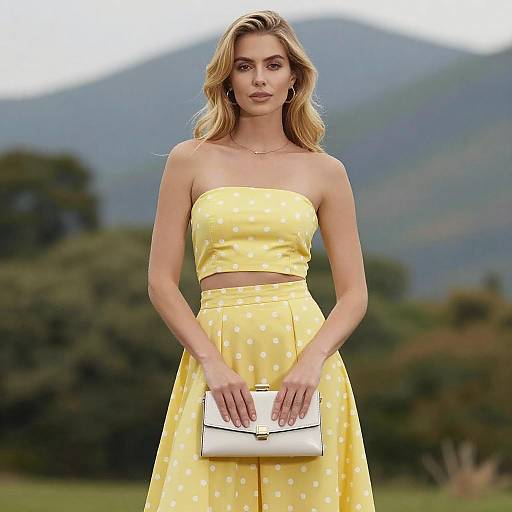 Blonde Woman in Yellow Polka Dot Outfit