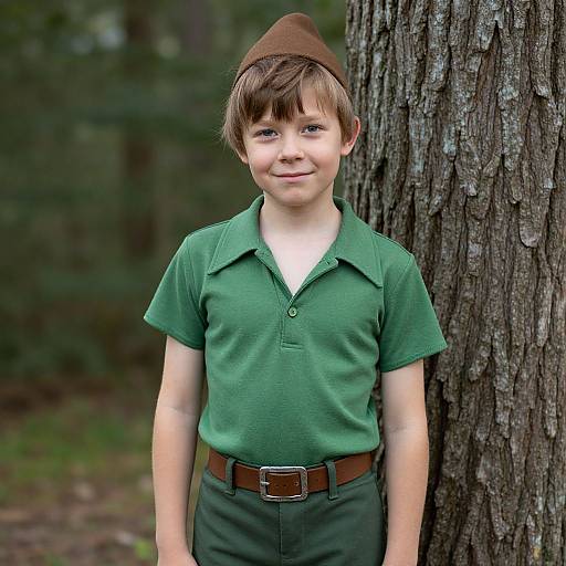 Young boy in green polo, brown cap, and belt, stands against a tree in a forest, smiling, photograph.