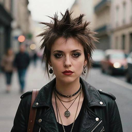 Photograph of a punk-style woman with spiky brown hair, black leather jacket, multiple necklaces, and red lipstick, standing on a blurred city