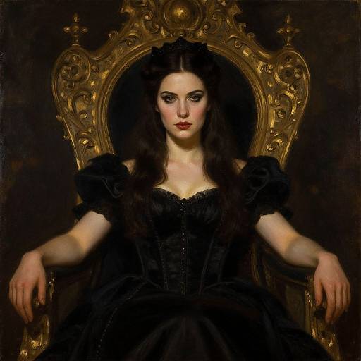 Digital painting of a pale-skinned woman with dark, wavy hair, wearing a black, Victorian-style dress, sitting on an ornate, gold