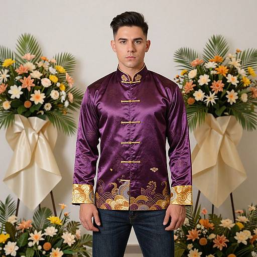 Photograph of a man with short dark hair wearing a purple silk shirt with gold embroidery, standing in front of floral arrangements with large beige bows.