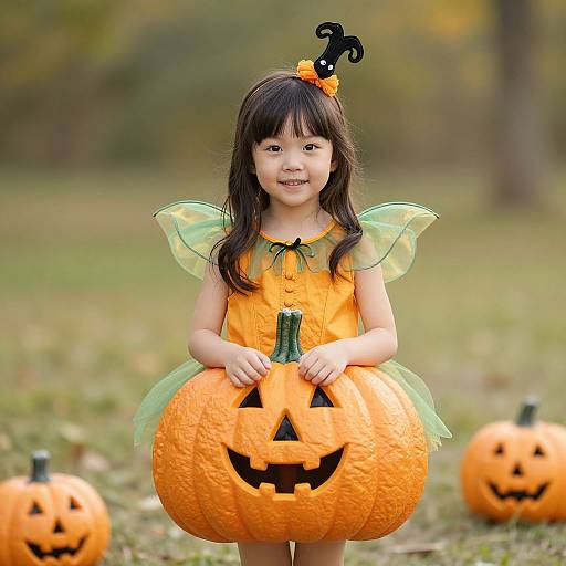 Photograph of an Asian girl with black hair, wearing a pumpkin-themed dress and green fairy wings, holding a carved jack-o'-lantern, with