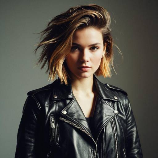 Young Woman with Burst Fade Hairstyle in Leather Jacket