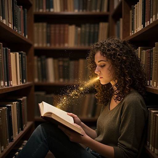 Photograph of a curly-haired woman in a dark green sweater, sitting in a library aisle, reading a book with glowing sparks.