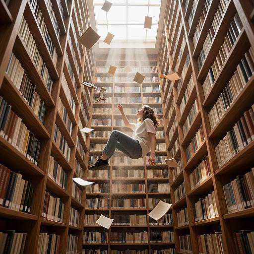 Photograph of a woman with long brown hair, wearing a white t-shirt and blue jeans, jumping between towering bookshelves in a sunlit library