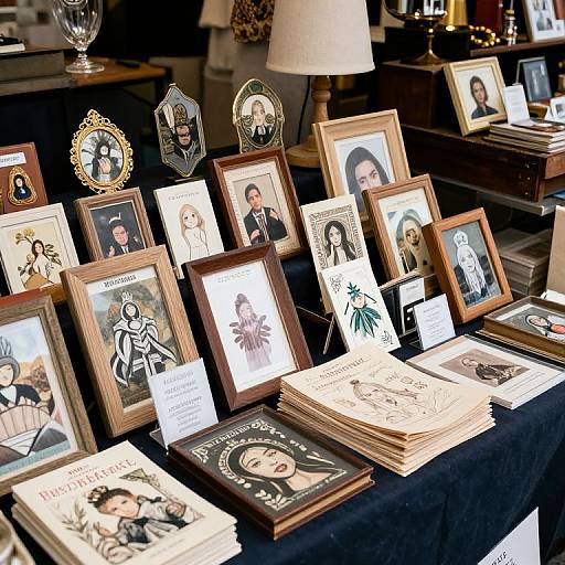 Photograph of framed and book-style portraits of various individuals, displayed on a black tablecloth in a well-lit room.